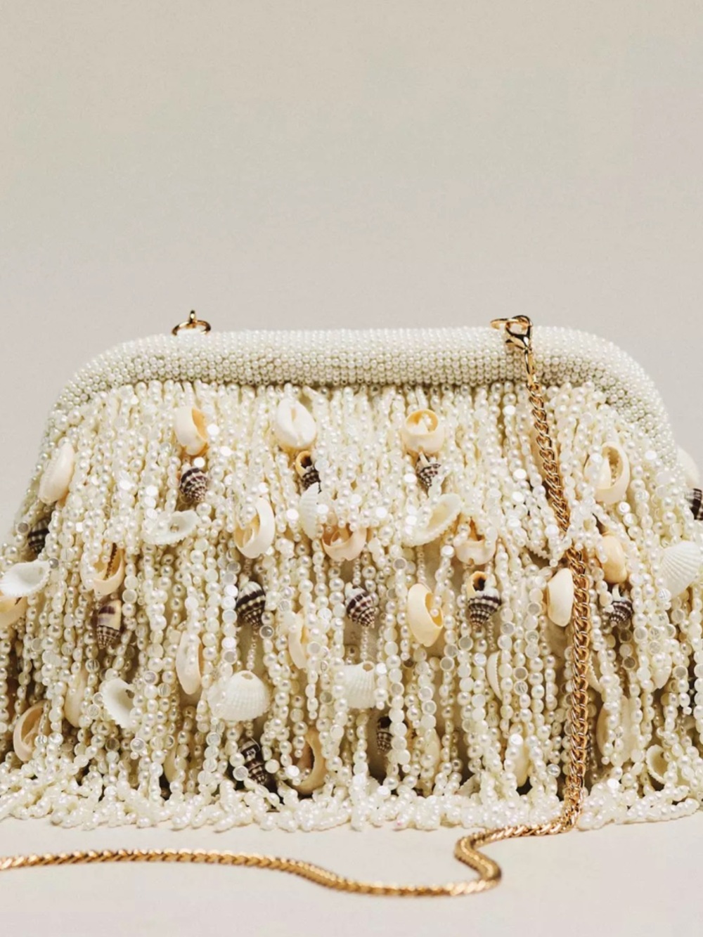 Celandine Beaded Shell Fringe Chain Shoulder Clutch Cream